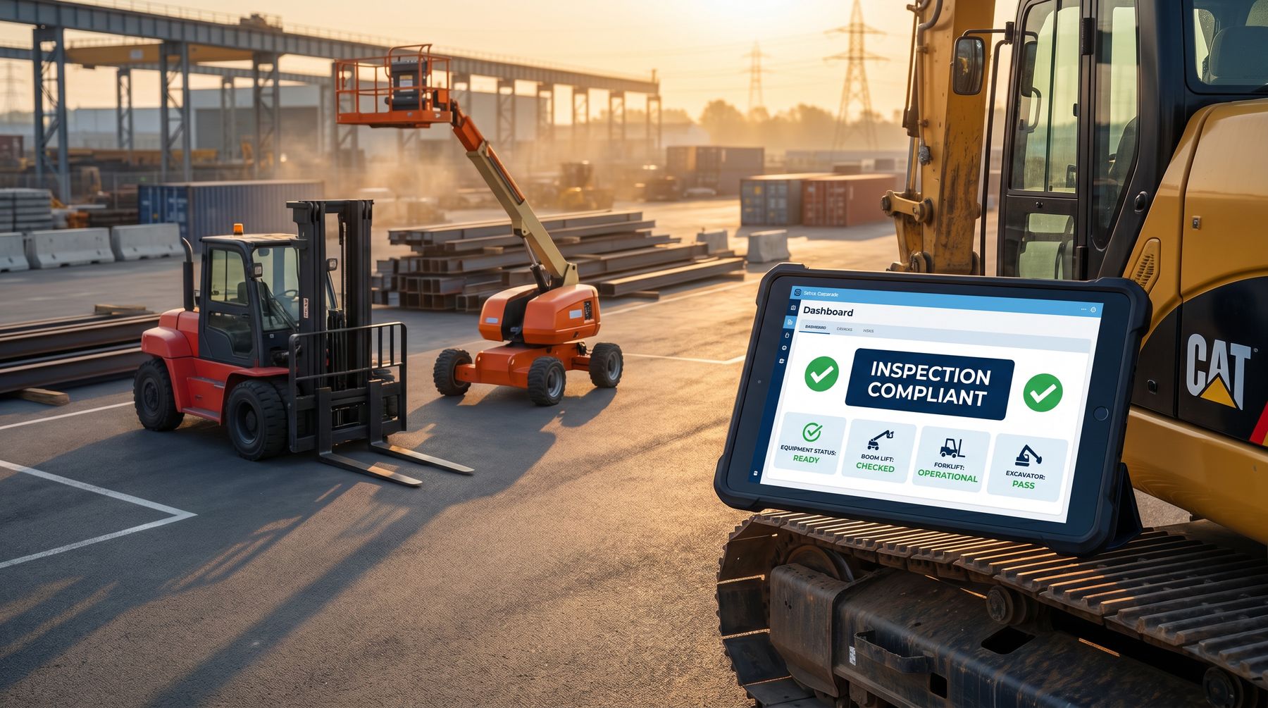 OSHAlytics Asset Compliance dashboard showing inspection-compliant equipment status across forklifts, boom lifts, and excavators on a jobsite