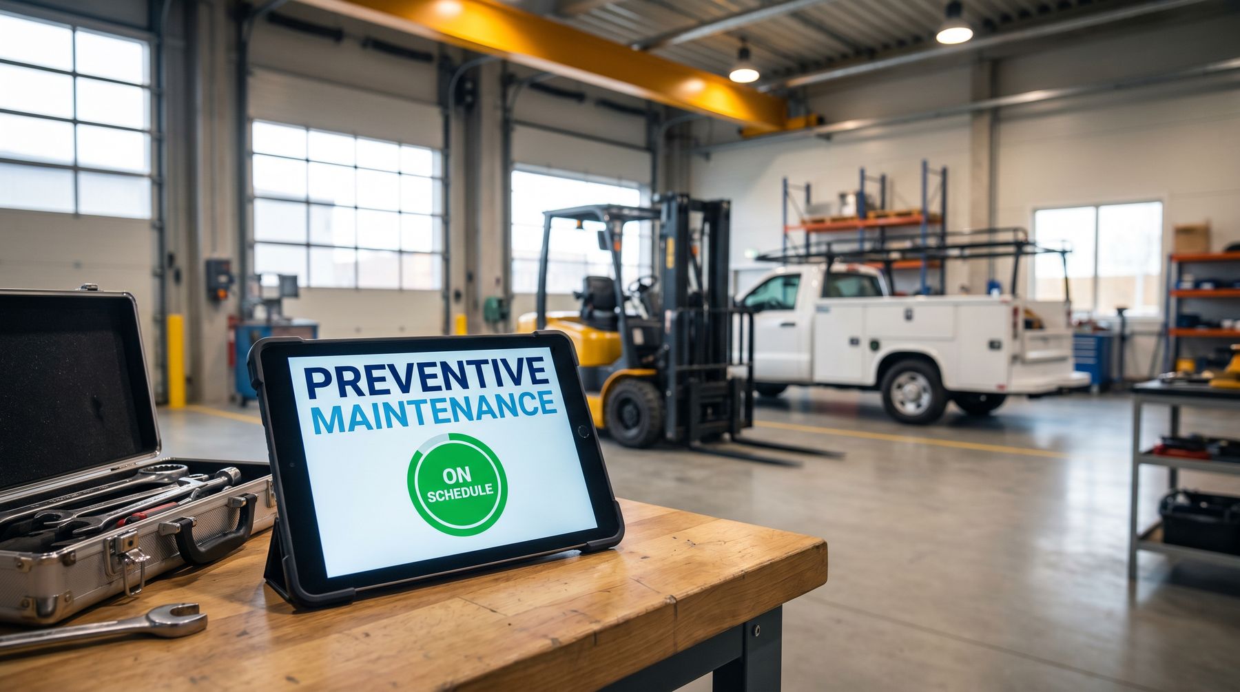 OSHAlytics Asset Maintenance dashboard showing preventive maintenance on schedule across forklifts, service vehicles, and shop equipment