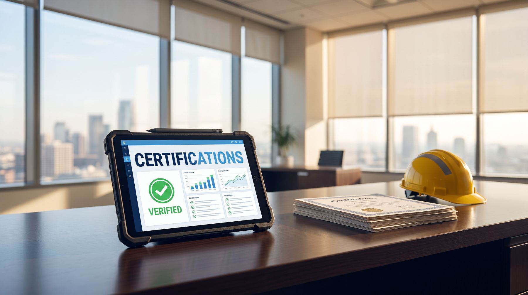 OSHAlytics Certifications dashboard on a tablet showing verified workforce credentials next to a stack of certificates