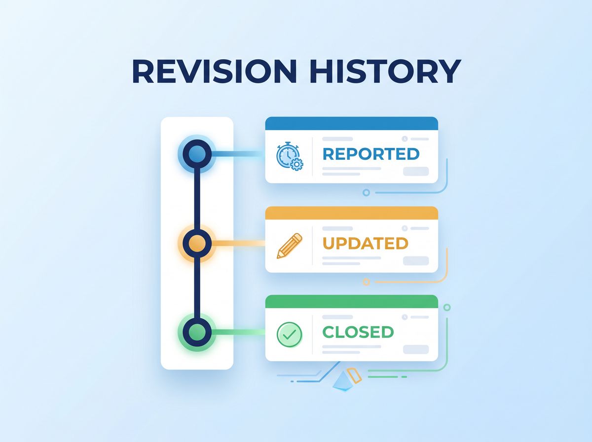 Vertical revision history timeline showing Reported, Updated, and Closed states