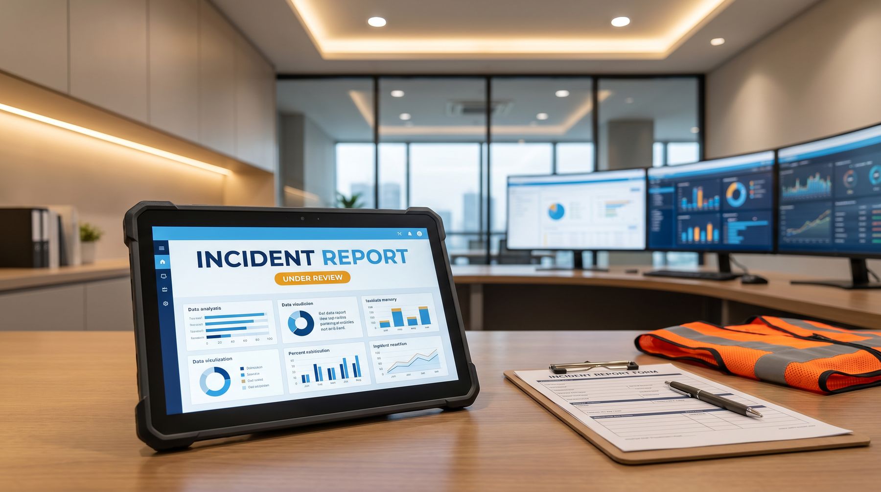 OSHAlytics Incident Tracking dashboard on a tablet showing an incident report under review with a printed report form alongside