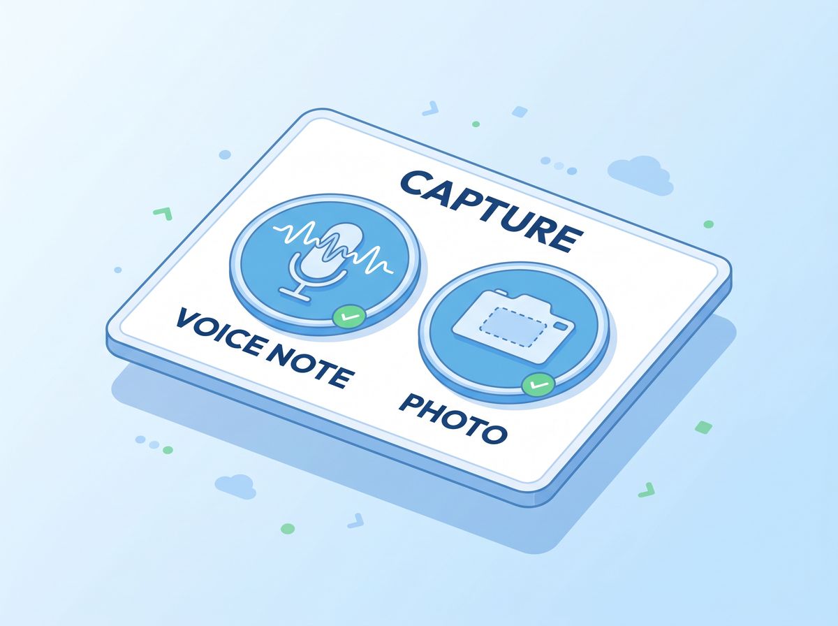 Voice note and photo capture buttons on a tablet for field documentation