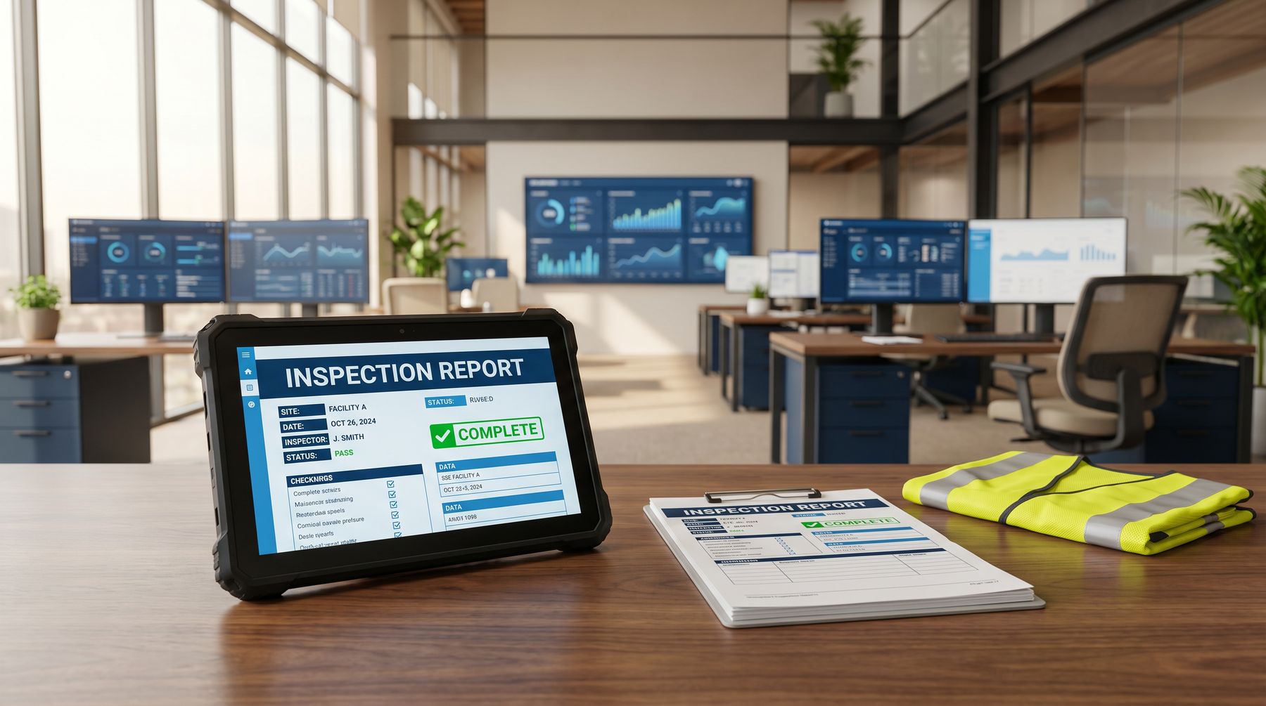 OSHAlytics Reports dashboard on a tablet showing a completed inspection report next to a printed paginated report