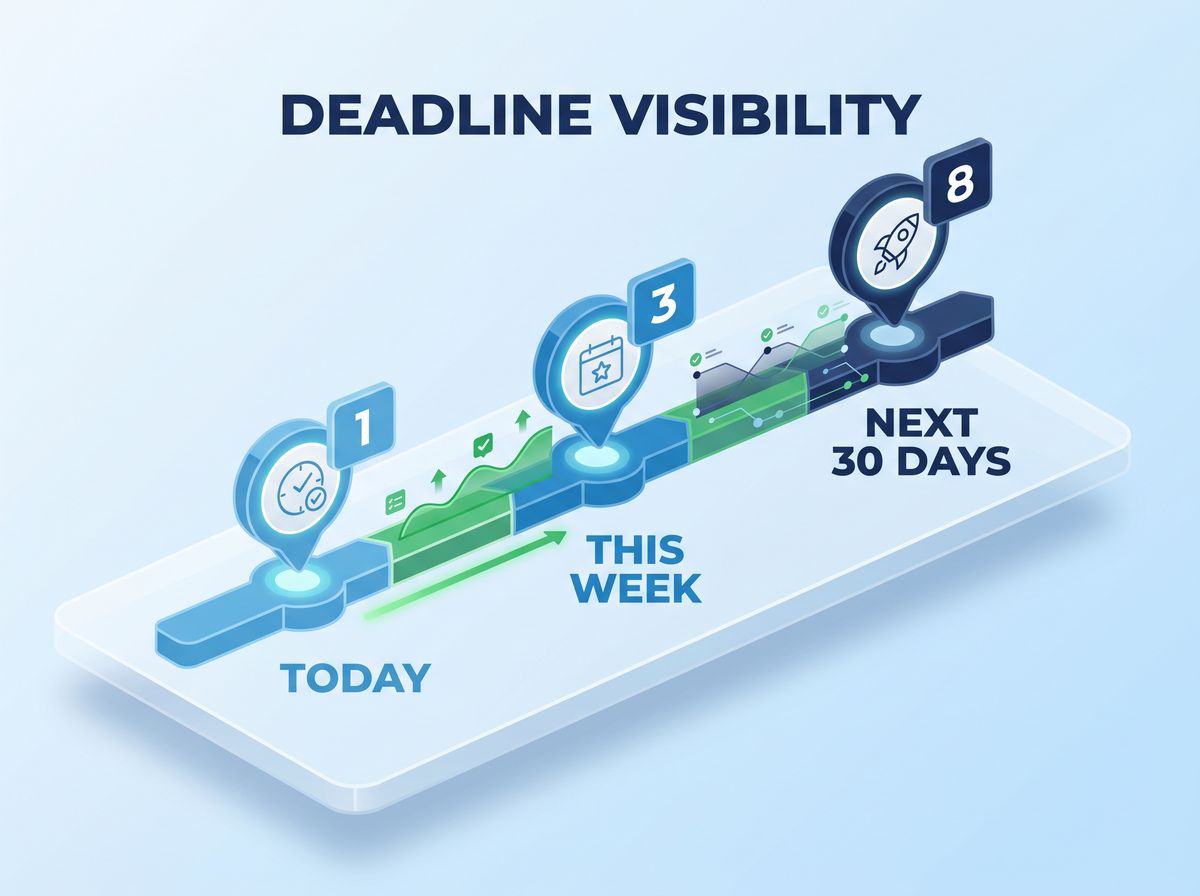 Timeline showing deadlines for today, this week, and the next 30 days