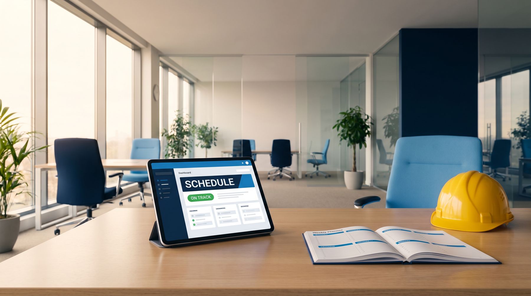 OSHAlytics Scheduling dashboard on a tablet showing an on-track schedule with upcoming tasks and a printed planner alongside