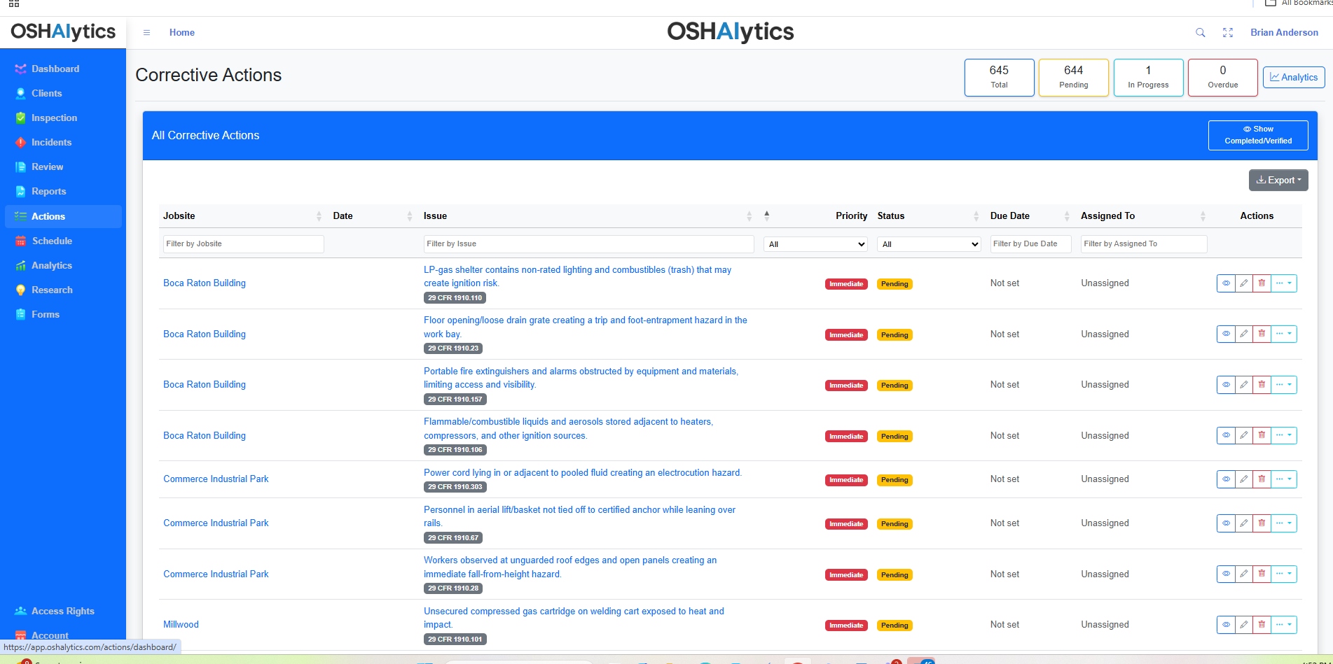 OSHAlytics Corrective Action Tracking with assignments and due dates