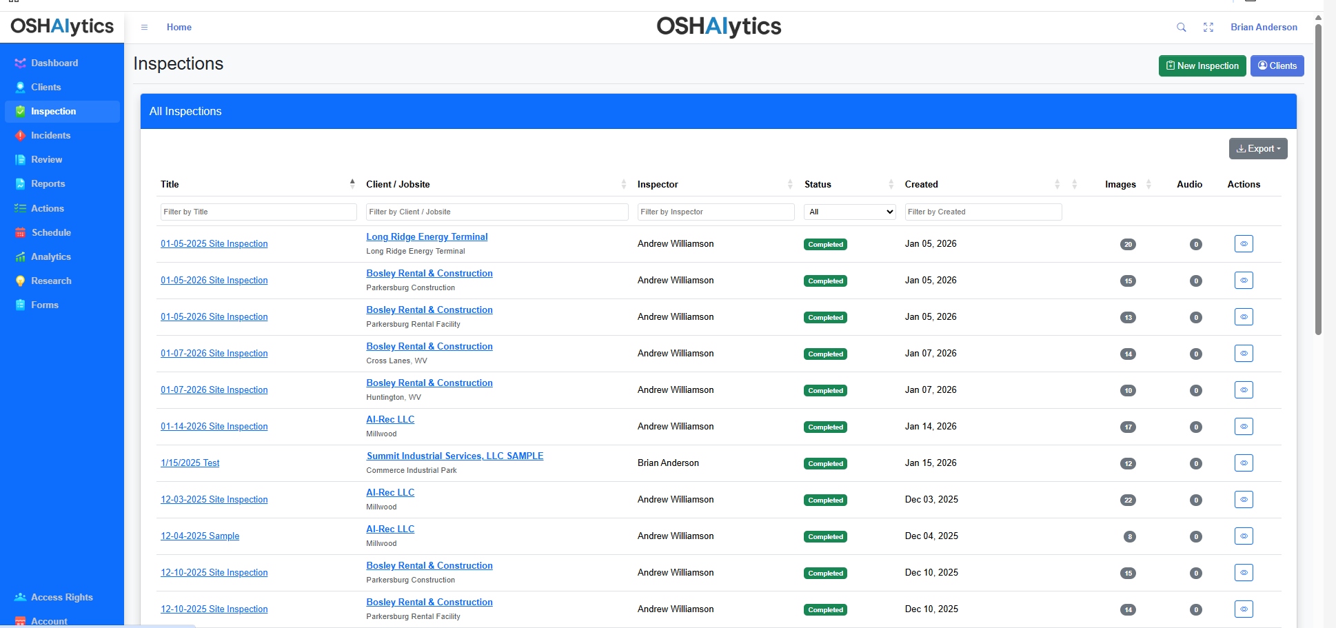 OSHAlytics inspection list showing recent inspections with status and site details