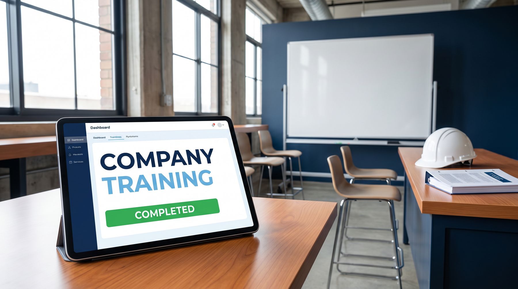 OSHAlytics Training dashboard showing a completed company training module on a tablet in a clean training room